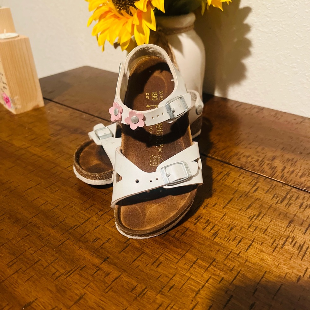 Birkenstock Kids White Sandals with Pink Flowers